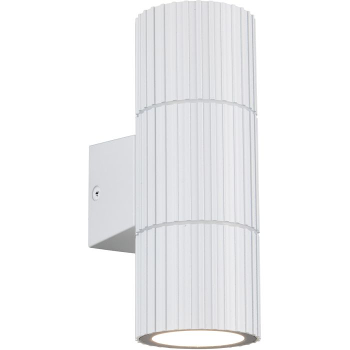 Trio Parana wit geribbelde cilindervormige wandlamp voor buiten van 16 cm hoog met GU10 spot naar beneden en boven gericht
