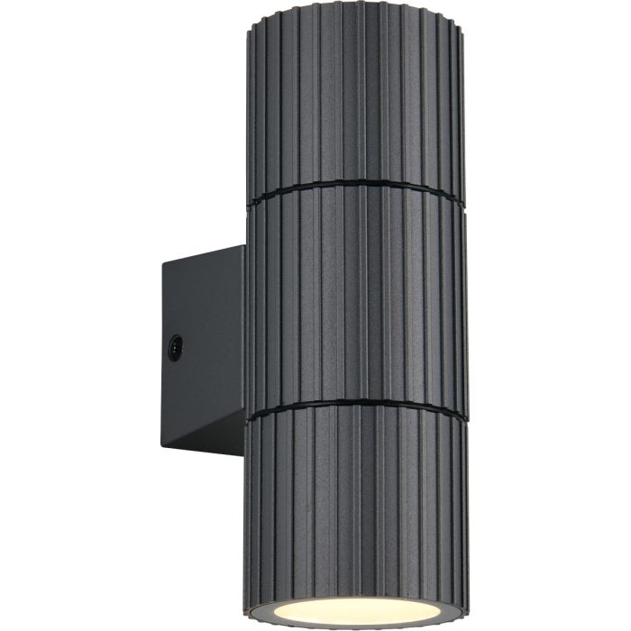 Trio Parana antraciet grijs geribbelde cilindervormige wandlamp voor buiten van 16 cm hoog met GU10 spot naar beneden en boven gericht