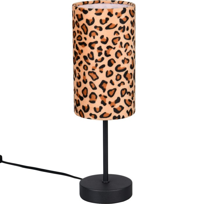 Reality Pardina tafellamp van 36 cm hoog met ronde kap van textiel met een luipaard huid print