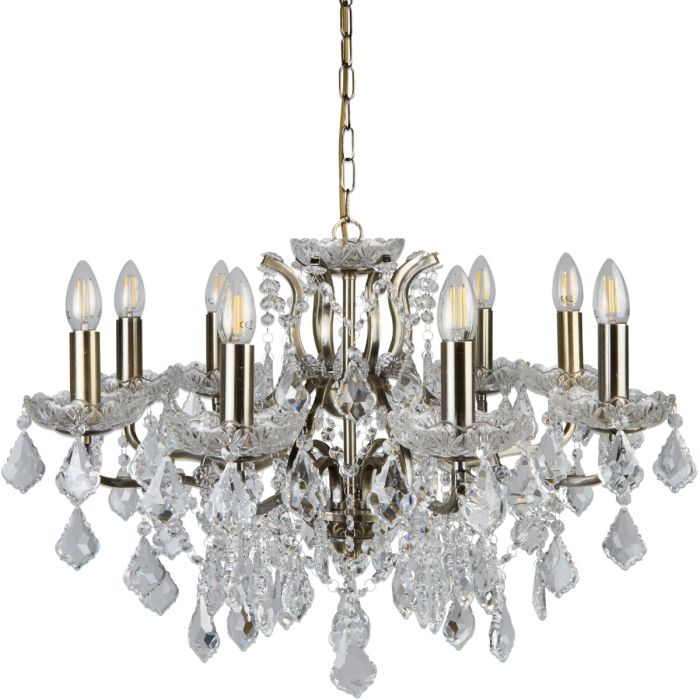 Searchlight Paris antiek bronzen kroonluchter met een diameter van 70cm en acht armen met kaarslampen en met kristal