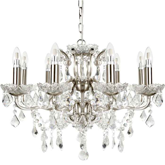 Searchlight Paris staal kleurige kroonluchter van 70cm in diameter met acht armen met kaarslampen en met kristal