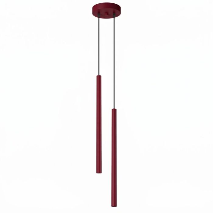 bordeauxrode hanglamp met twee kappen van 2,5 cm in diameter en 50 cm hoog