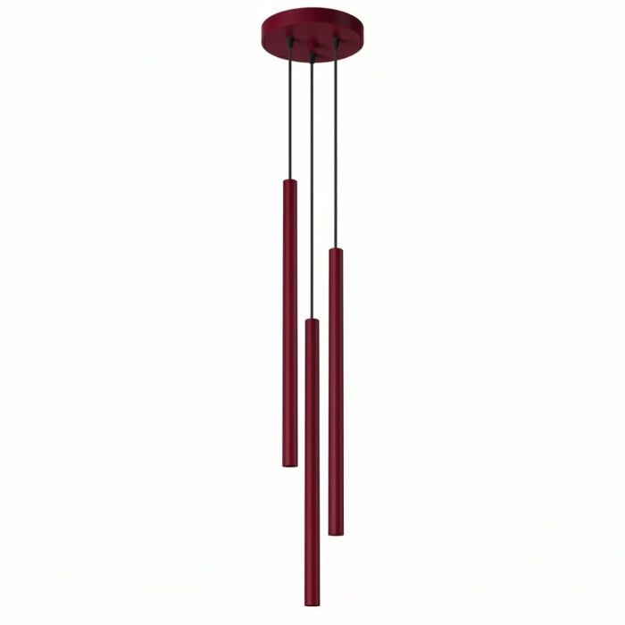 bordeauxrode hanglamp met drie kappen van 2,5 cm in diameter en 50 cm hoog