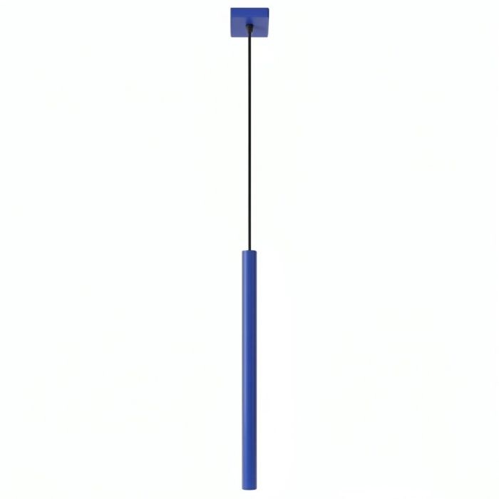 ultramarijn blauwe hanglamp met buisvormige kap van 2,5 cm in diameter en 50 cm in hoogte
