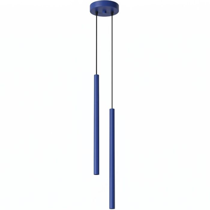 ultramarijn blauwe hanglamp met twee buisvormige kappen van 2,5 cm in diameter en 50 cm in hoogte