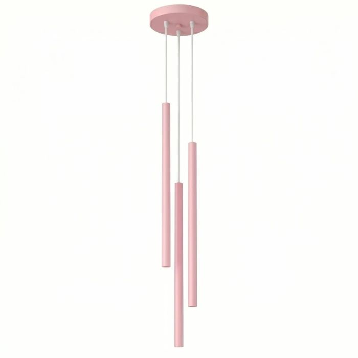 roze hanglamp met drie buisvormige kappen met een diameter van 25 mm en een hoogte van 50 cm