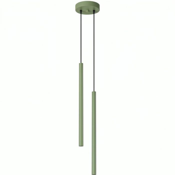 saliegroene hanglamp met twee buisvormige kappen van 25 mm in diameter en 50 cm in hoogte