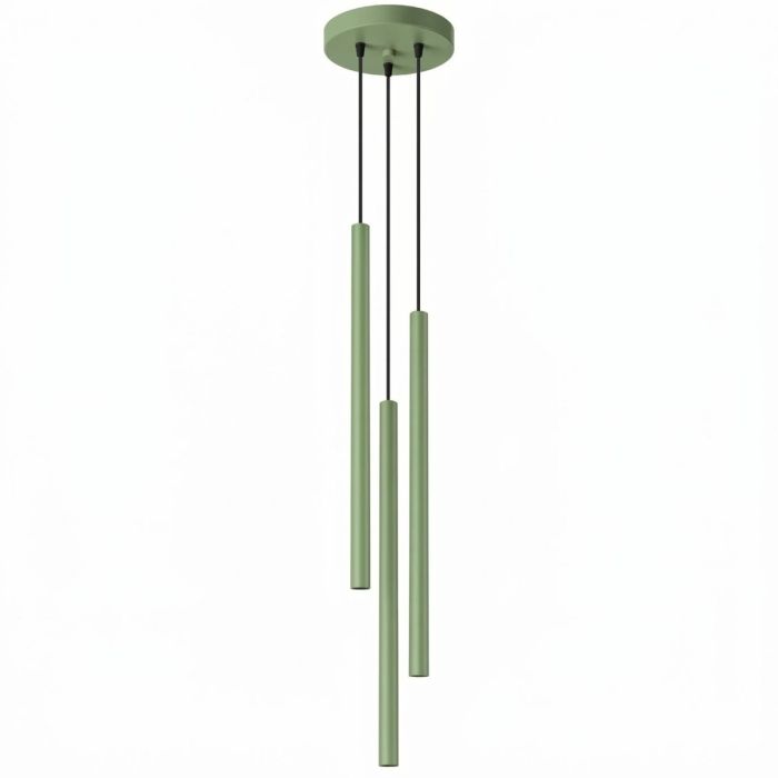 saliegroene hanglamp met drie buisvormige kappen van 25 mm in diameter en 50 cm in hoogte