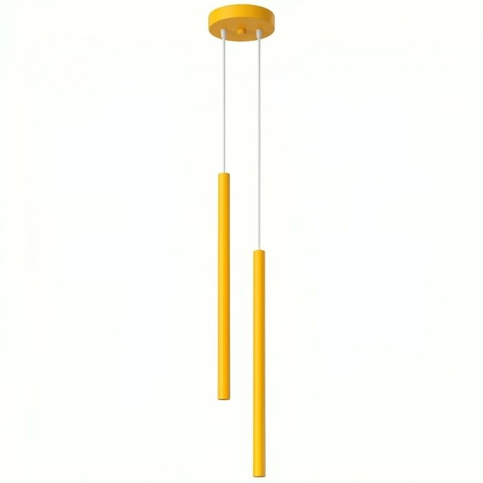 geel buisvormige hanglamp met twee kappen met een diameter van 25 mm en een hoogte van 50 cm