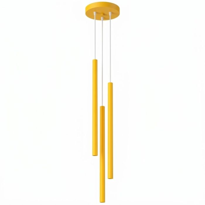 geel buisvormige hanglamp met drie kappen met een diameter van 25 mm en een hoogte van 50 cm