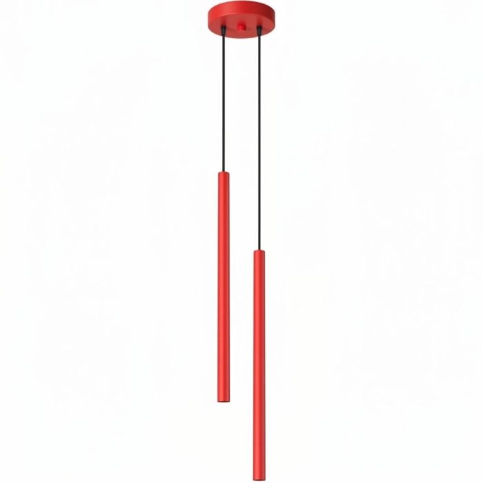 rood buisvormige hanglamp met twee kappen met een diameter van 25 mm en een hoogte van 50 cm