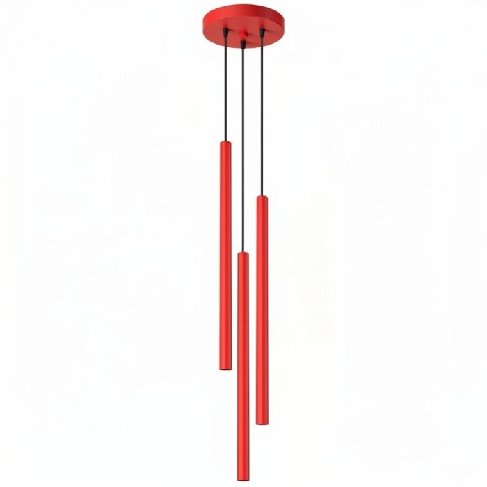 rood buisvormige hanglamp met drie kappen met een diameter van 25 mm en een hoogte van 50 cm