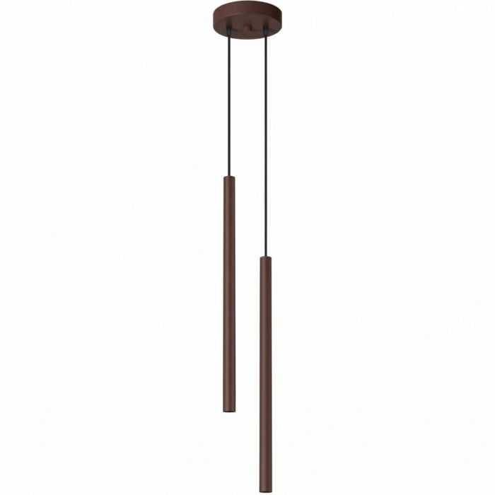 bruin buisvormige hanglamp met twee kappen met een diameter van 25 mm en een hoogte van 50 cm