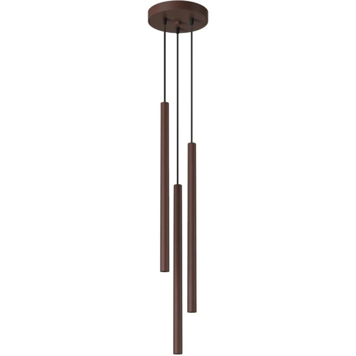 bruin buisvormige hanglamp met drie kappen met een diameter van 25 mm en een hoogte van 50 cm