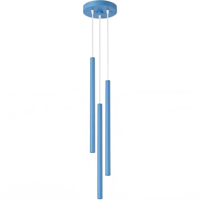 lichtblauw buisvormige hanglamp met drie kappen met een diameter van 25 mm en een hoogte van 50 cm
