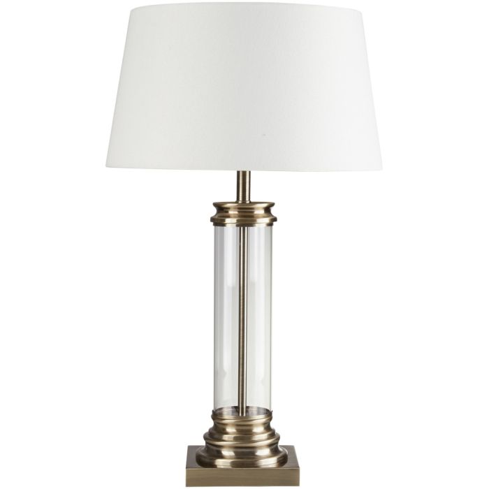 Searchlight Pedestal EU5141AB 63cm hoge tafellamp met antiek bronzen voet met cilindervormig helder glas om de voet en ronde kap van creme textiel