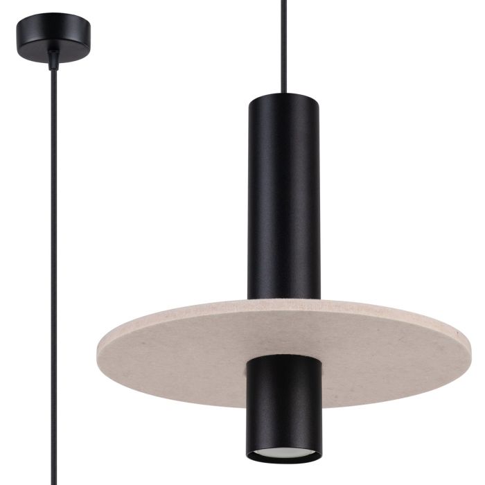Sollux Pelta zwarte buisvormige hanglamp met een beige schijf van vilt met een diameter van 30cm eromheen