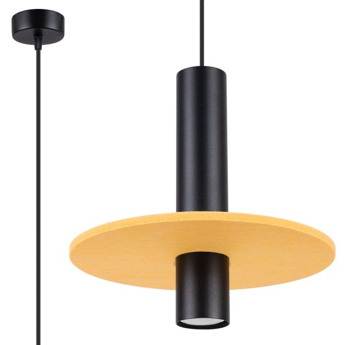 Sollux Pelta zwarte buisvormige hanglamp met een gele schijf van vilt met een diameter van 30cm eromheen
