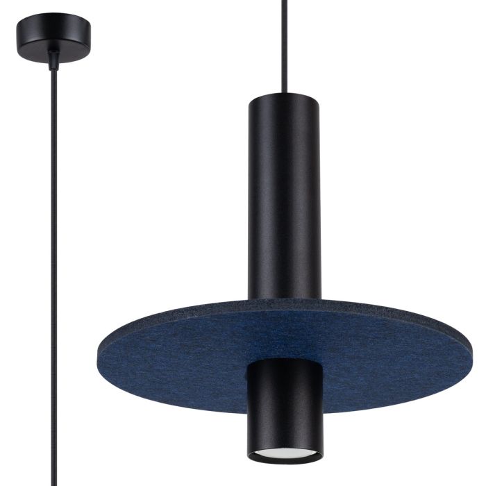 Sollux Pelta zwarte buisvormige hanglamp met een marine blauwe schijf van vilt met een diameter van 30cm eromheen