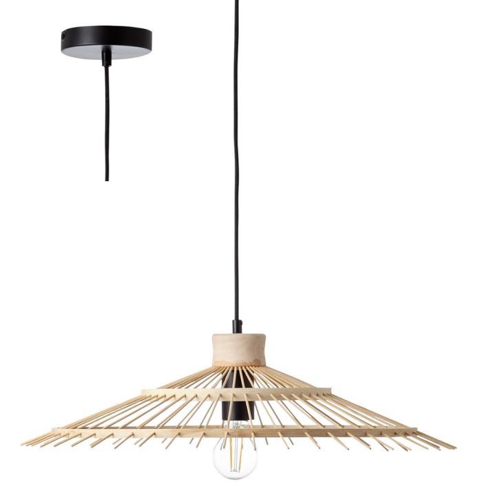 Brilliant Pirae 99248/76 hanglamp met zwarte pendel en platte kap van bamboe spijlen