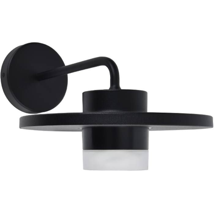 Lutec Plato mat zwarte wandlamp voor buiten van 24 cm breed met platte schijfvormige kap en LED unit naar beneden