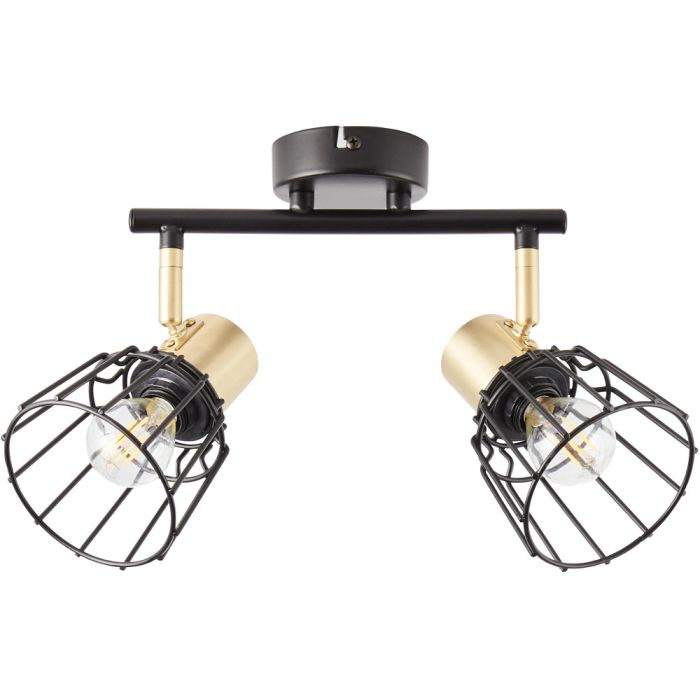 Brilliant Posca 86913/78 messing dubbele plafondspot met zwarte buis en zwarte rekjes als kapjes