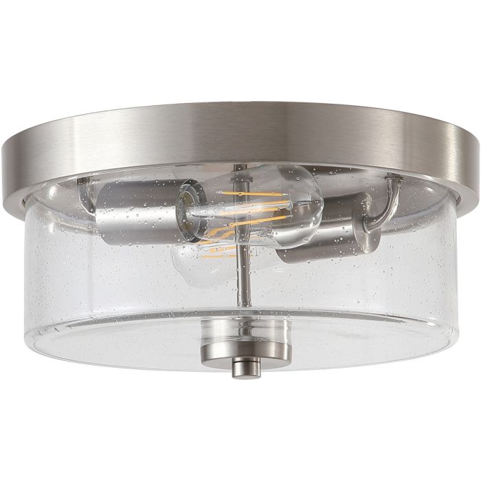 Searchlight Preston staalkleurige plafondlamp voor de badkamer met een helder glazen kap met spikkels en twee ST64 LED lampen