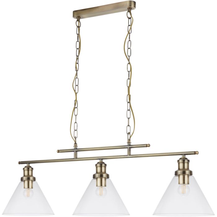 Searchlight Pyramid 1277-3AB antiek brons kleurige hanglamp met staalkleurige plafondbalk en drie kegel vormige helder glazen kappen aan een aan twee kettingen hangende dubbele stang