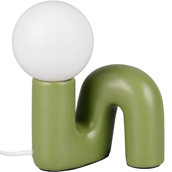 Reality Quinn groene tafellamp van 21,5 cm hoog met N vormige lampvoet van keramiek met rond glazen lichtbol met een diameter van 10 cm op de N