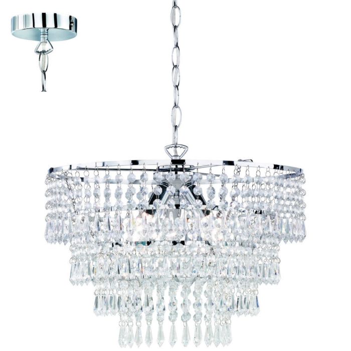 Trio Orient chromen hanglamp met een diameter van 46cm met acryl kristallen kettingen