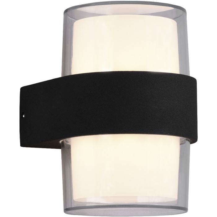 Trio Molina wandlamp voor buiten van 13,2 cm hoog met een cilindervormige transparante buitenkap en witte binnenkap naar boven en beneden met geintegreerde LED