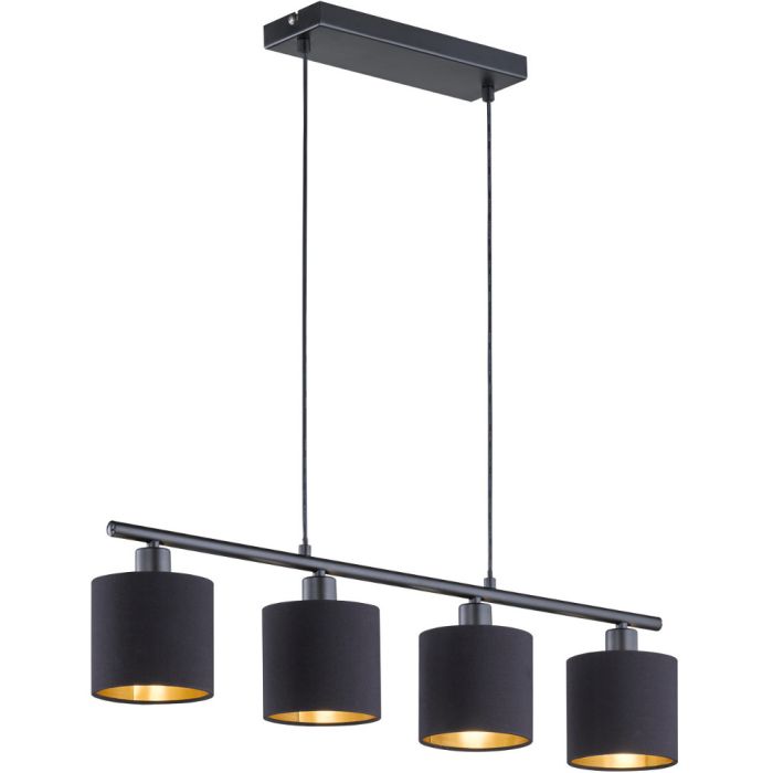 Reality Tommy zwarte hanglamp van 75cm lang met vier hangende ronde kapjes van zwart textiel van 12cm in diameter
