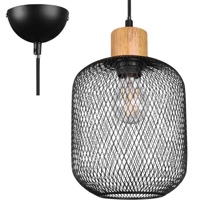 Reality Calimero zwarte hanglamp met houten fittinghouder en kap met een diameter van 18 cm van ovaalvormig zwart gaas