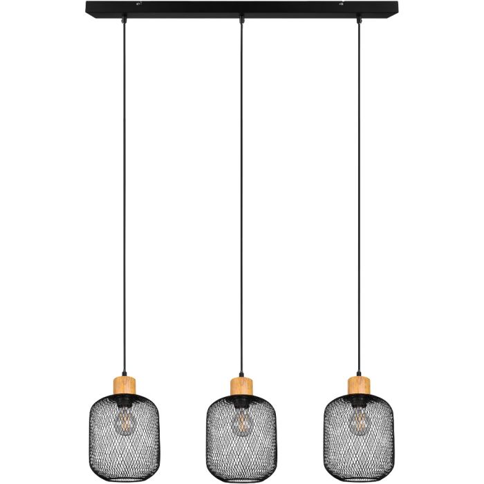 Reality Calimero hanglamp met zwarte plafondbalk en drie pendels met elk een kap met een diameter van 18 cm van ovaalvormig zwart gaas met een houten fittinghouder