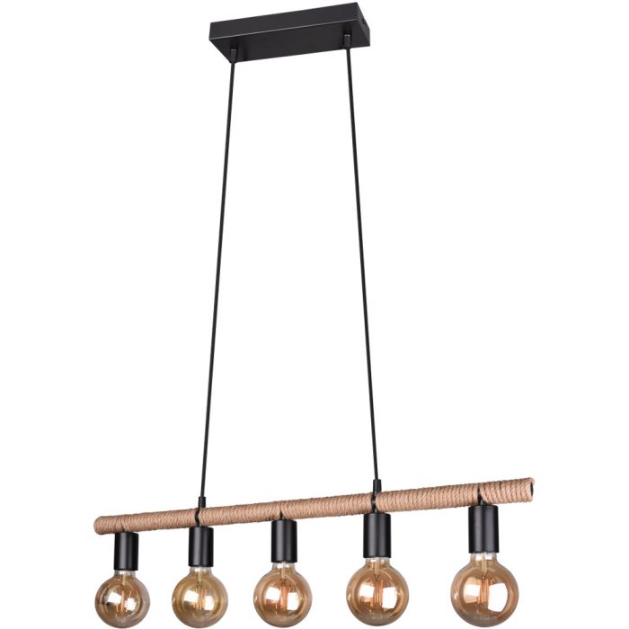 Trio Einar langwerpige hanglamp van 80cm lang met stang omwikkeld met scheepstouw en vijf zwarte fittinghouders met globelamp