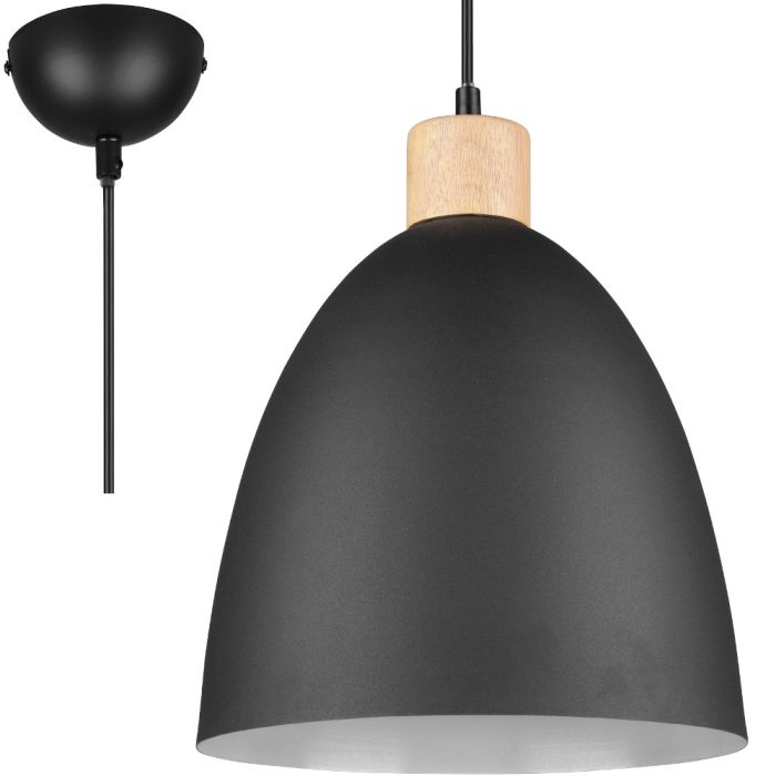 Trio Jagger witte hanglamp met kap van hout en zwart metaal met een diameter van 25cm