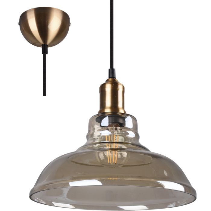 Trio Aldo antiek bronzen hanglamp met amber glazen schaalvormige kap met een diameter van 28cm
