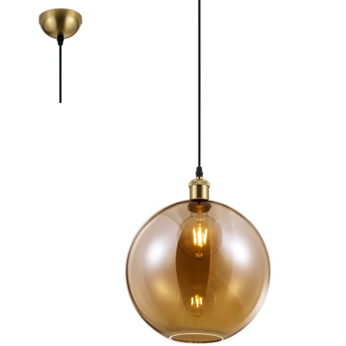 Trio Dino oud bronzen hanglamp met bolvormige kap van amber kleurig glas met een diameter van 30 cm
