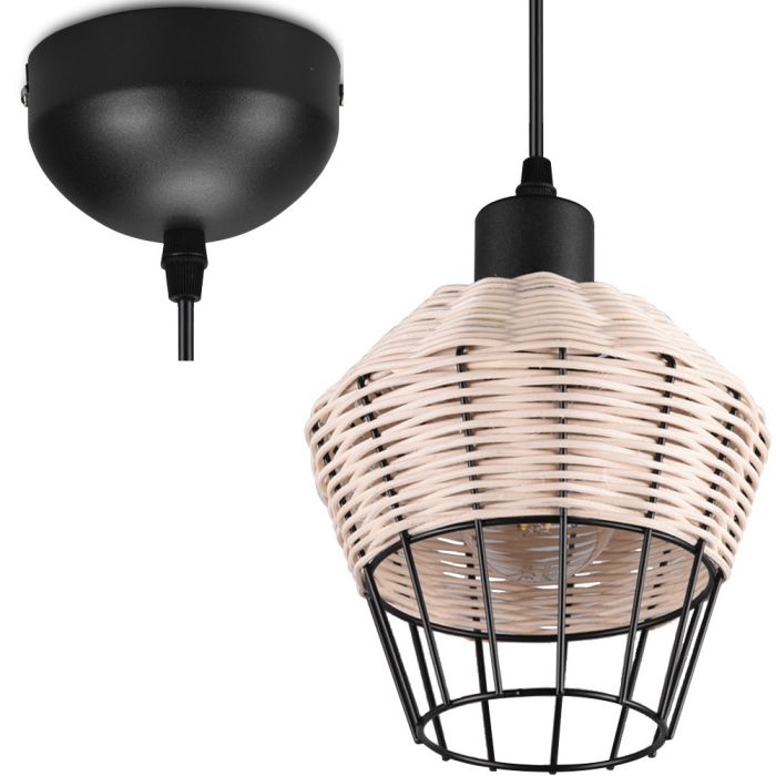 Trio Borka hanglamp met een diameter van 17,5 cm van zwart metaaldraad met rotan vlechtwerk