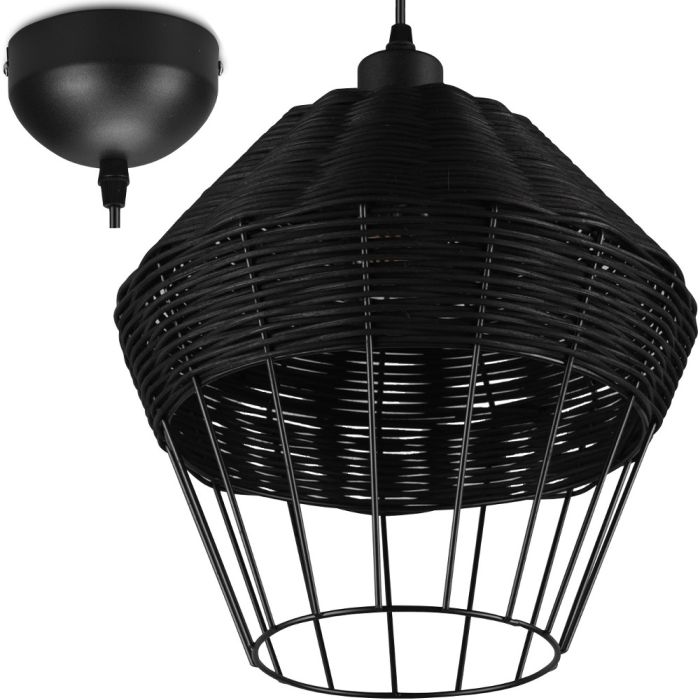 Trio Borka hanglamp met een diameter van 30 cm van zwart metaaldraad met zwart rotan vlechtwerk