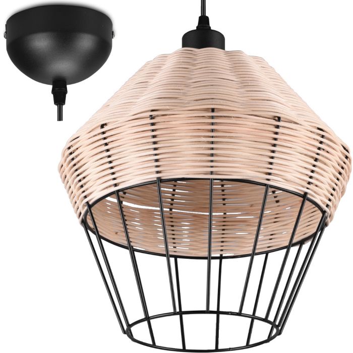 Trio Borka hanglamp met een diameter van 30 cm van zwart metaaldraad met rotan vlechtwerk