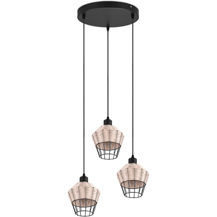 Trio Borka hanglamp met een diameter van 41 cm met drie pendels met kapjes van zwart metaaldraad met rotan vlechtwerk