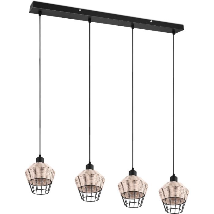 Trio Borka hanglamp met een lengte van 95 cm met vier pendels met kapjes van zwart metaaldraad met rotan vlechtwerk