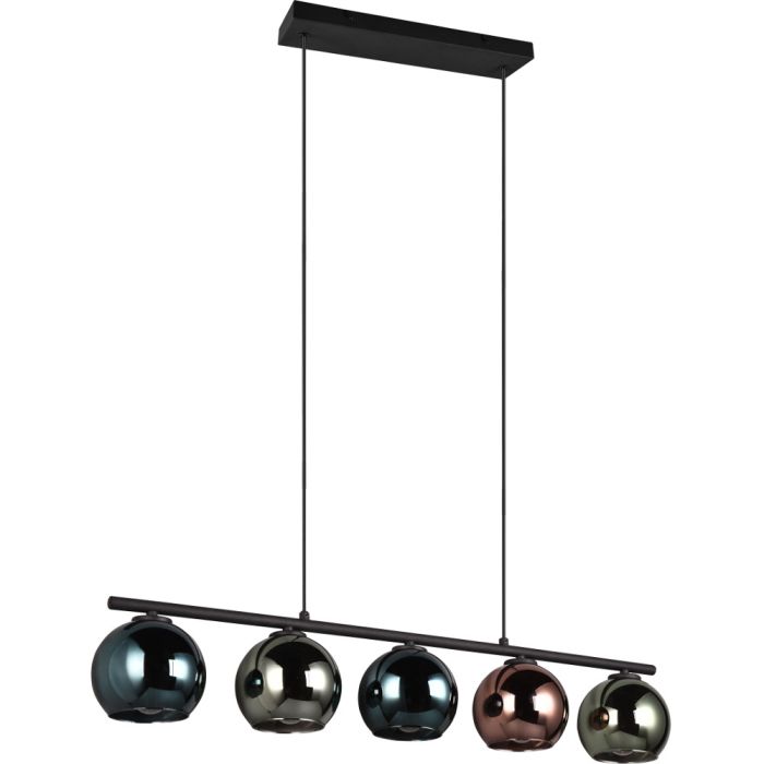 Trio Sheldon hanglamp van 83 cm lang met vijf bolvormige glazen kappen op rij in blauw, groen en koperkleurig glas