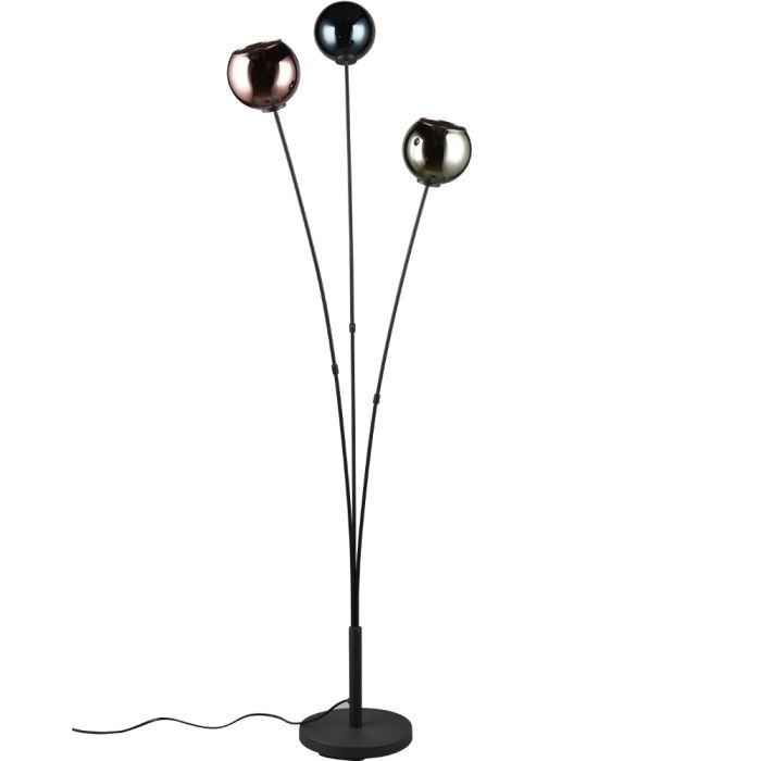 Trio Sheldon vloerlamp van 153 cm hoog met drie armen met blauw groen en koperkleurig glazen kappen