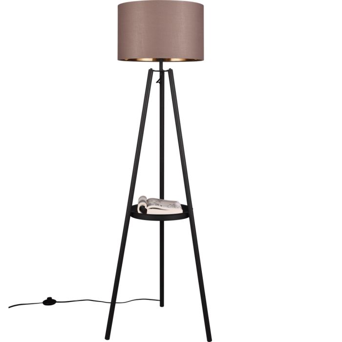 Trio Colette tripod van 152.5 cm hoog met tafeltje tussen de poten en taupe kleurige kap van textiel met een diameter van 40 cm