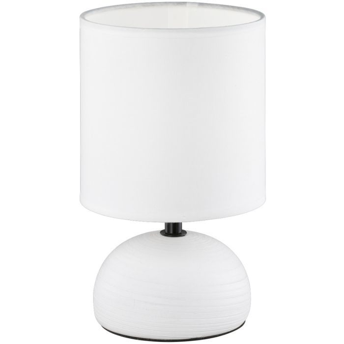 Trio Lucy R50351001 wit tafellampje met bolvormige lampvoet van keramiek en cilindervormig kapje van textiel
