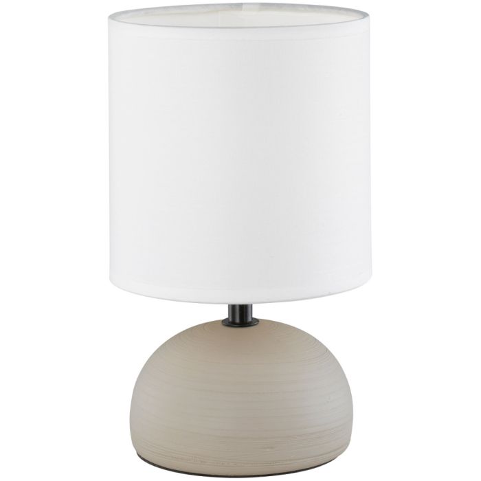 Trio Luci R50351025 tafellampje met cappuccino bruine bolvormige lampvoet van keramiek en wit cilindervormig kapje van textiel
