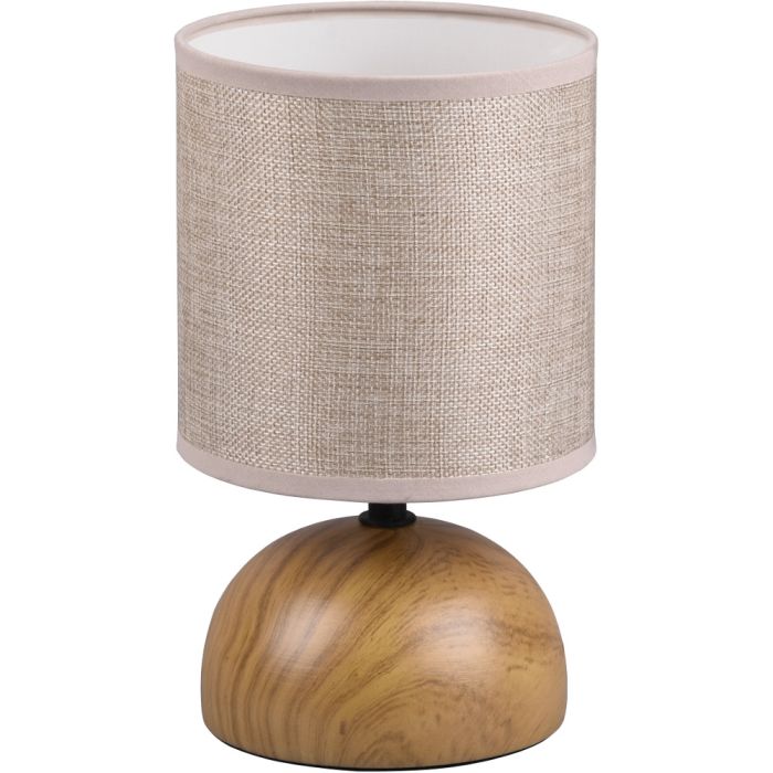 Trio Luci R50351035 tafellampje met houtkleurige bolvormige lampvoet van keramiek en beige cilindervormig kapje van textiel