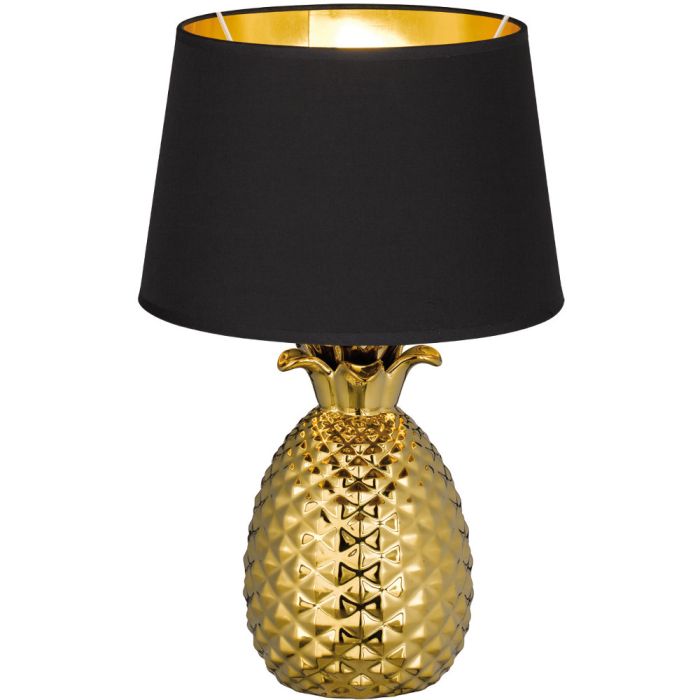 Reality Pineapple R50431079 43cm hoge tafellamp met een goudkleurige voet in ananas vorm en zwarte kap van textiel met goudkleurige binnenzijde